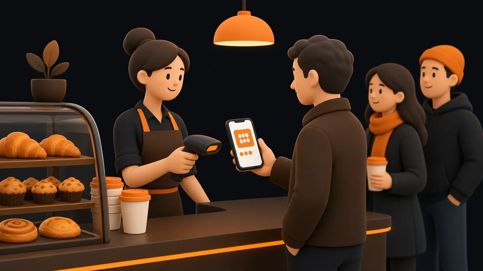 A bakery cashier scanning a morning regular’s phone loyalty pass beside a pastry display and takeaway coffee cups