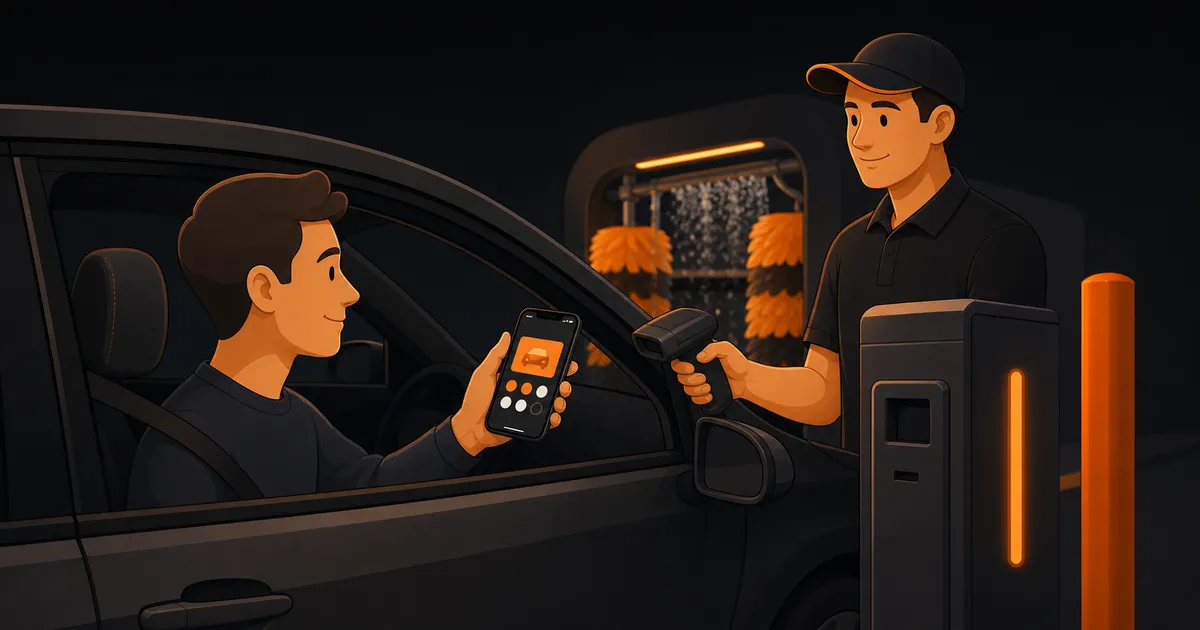 A driver holding a phone with a digital loyalty card near a car wash pay lane