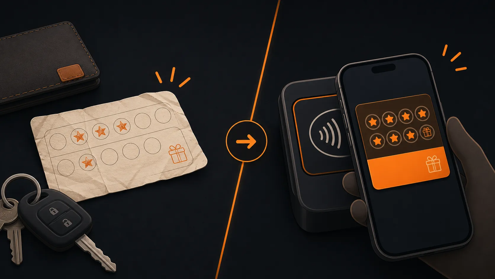 A side-by-side scene of a lost paper loyalty card and a phone wallet pass ready to scan at checkout