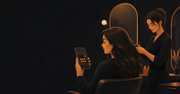 A salon client holding a phone with a digital loyalty card while a stylist works nearby