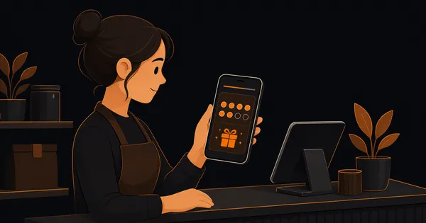 A simple digital loyalty card design shown on a phone beside a checkout counter