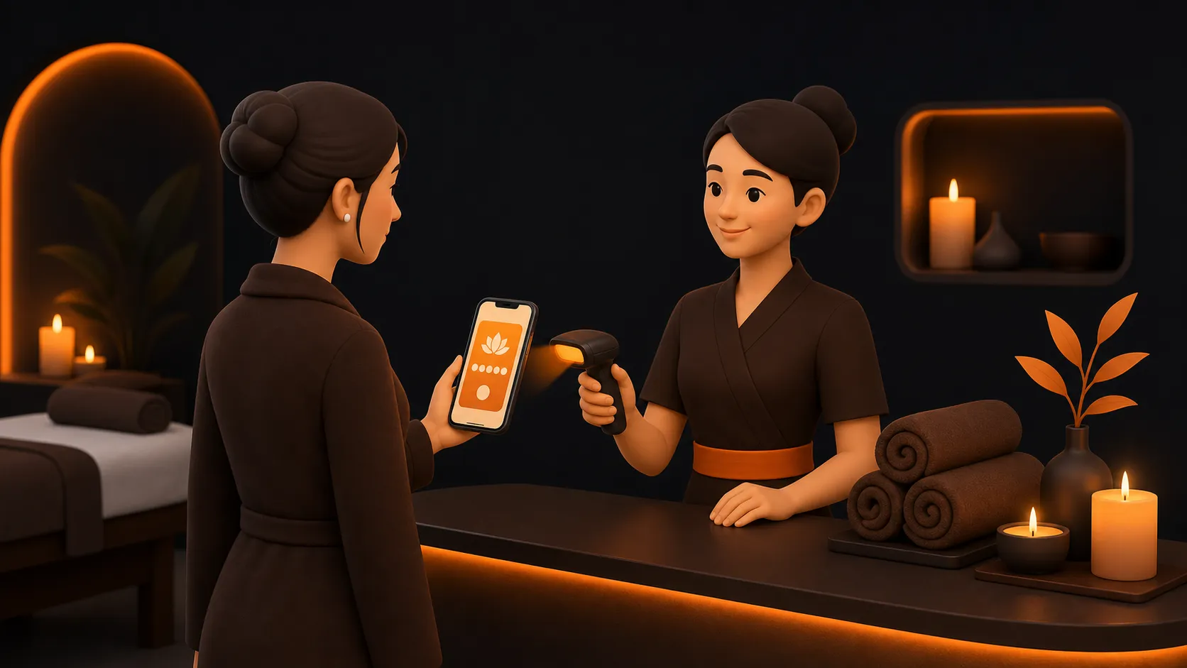 A spa receptionist scanning a guest’s phone loyalty pass beside candles and folded towels