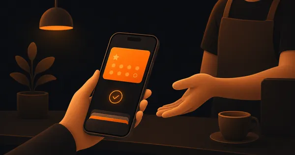 A phone screen showing a digital loyalty card being added to a mobile wallet, with orange stamp progress dots