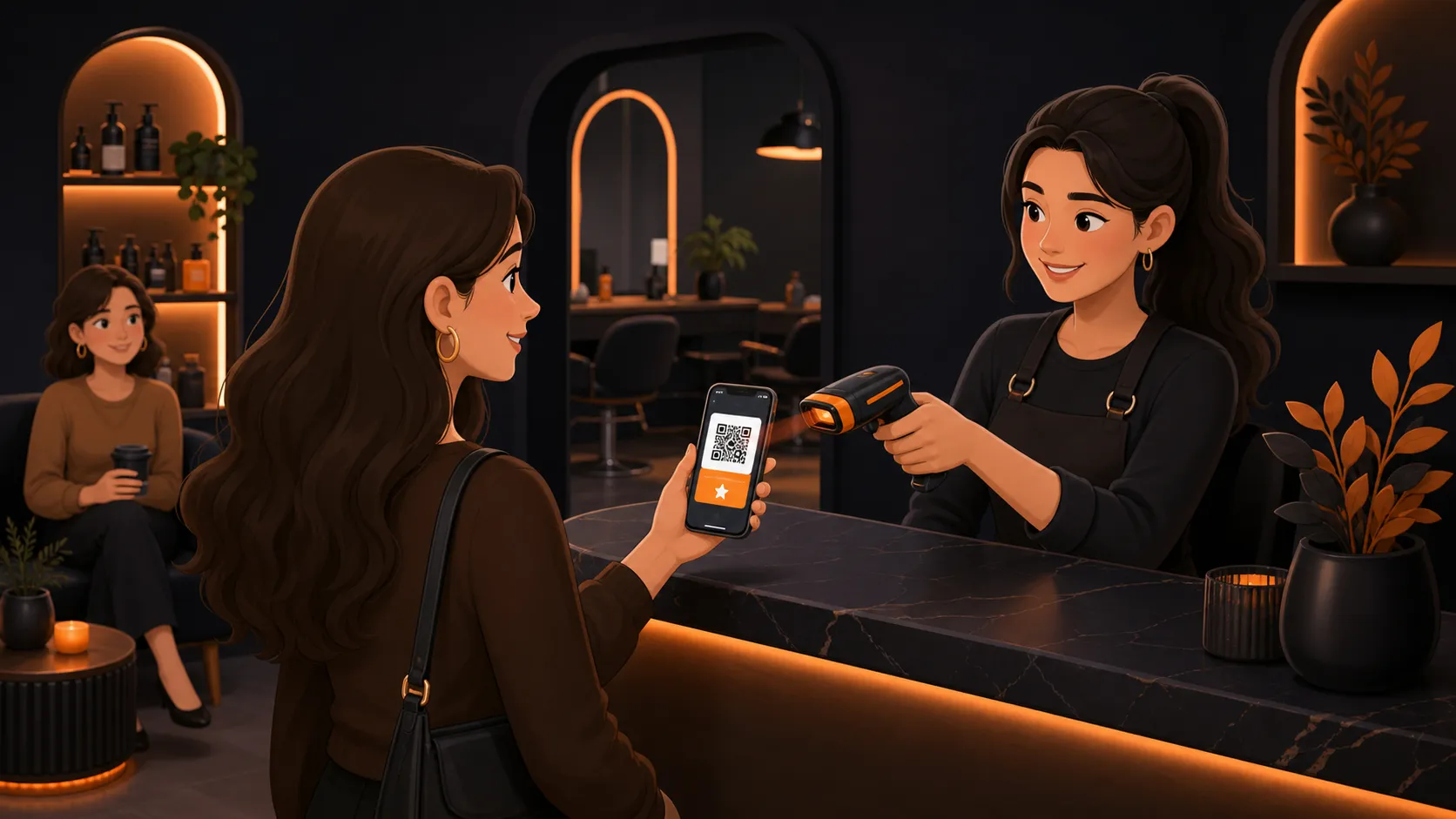A staff member scanning a customer’s wallet-based loyalty card from a phone at a busy service counter